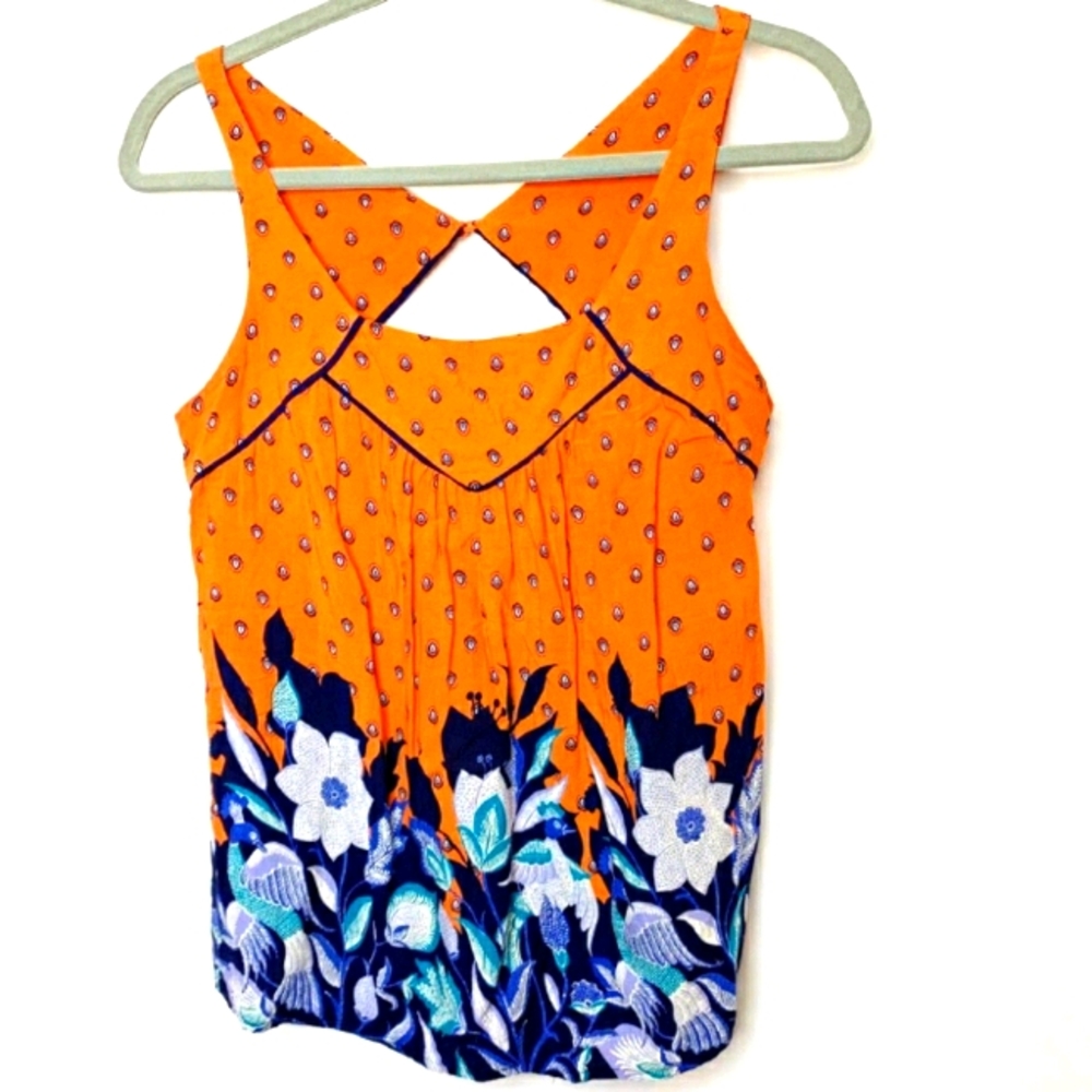 Maeve Orange Tank Top w Floral Blue Peacock Print